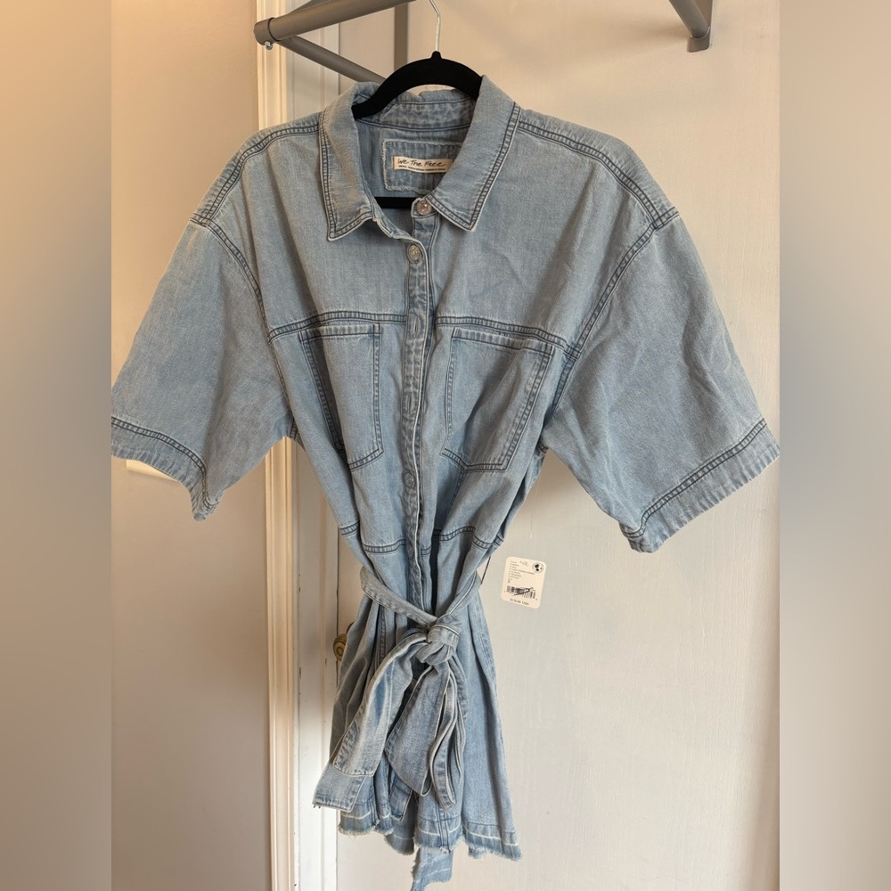 Free People Blue Denim Shirt Dress with Tie Waist